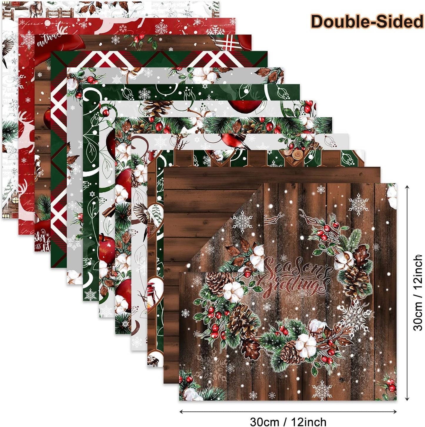 Christmas Scrapbook Paper 12×12,Merry Christmas Tree Deer Patterned Paper,24 Sheets Double-Sided Wooden Scrapbooking CardStock Papers Pad for Holiday Cardmaking DIY Origami Papers.