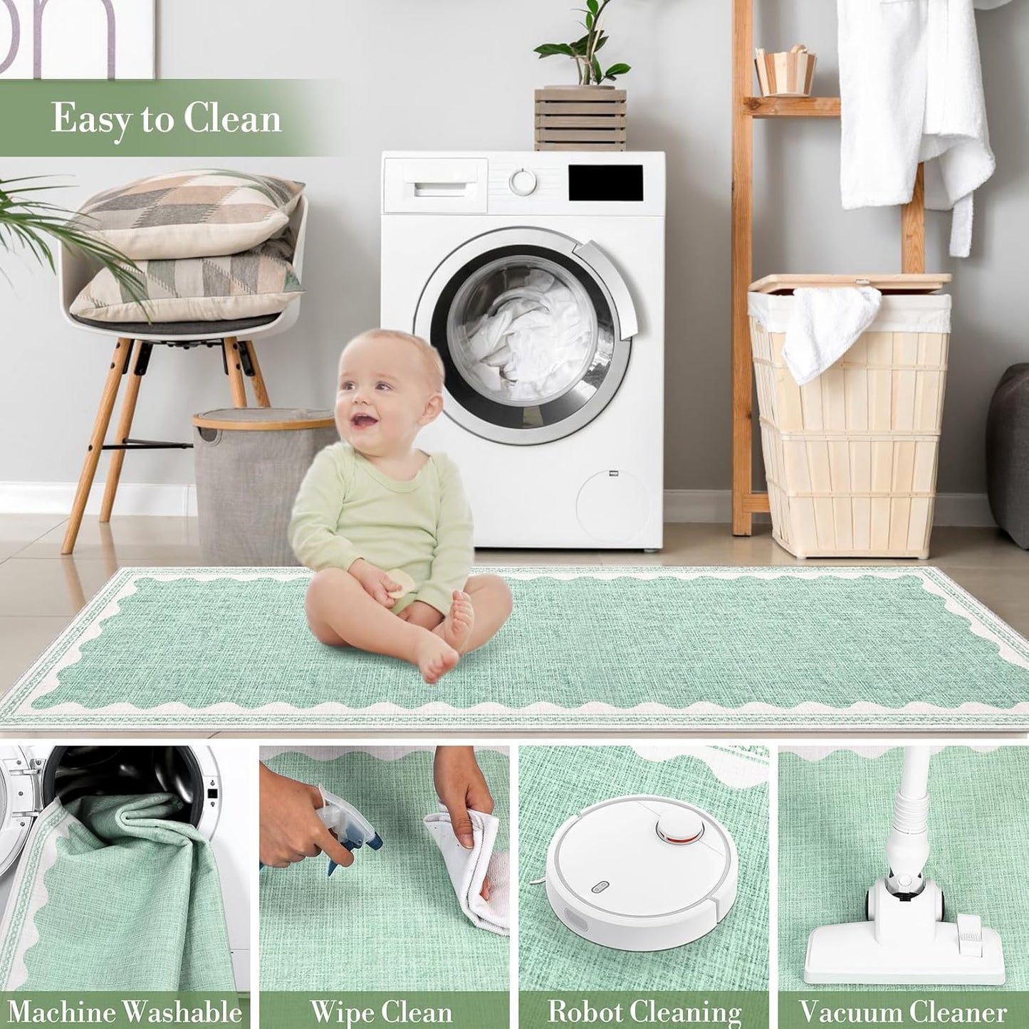 Scalloped Washable Rug 5x7 Area Rugs for Living Room, Solid Green Rug for Bedroom Girls, Non Slip Scalloped Rugs Throw Mat with Rubber Back, Soft Dorm Nursery Low Pile Carpet for Dining Room