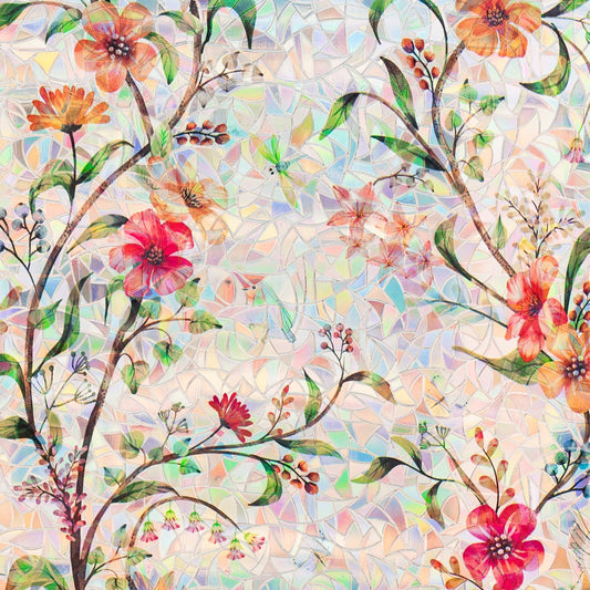 Stained Glass Window Film Static Cling Door Privacy Film Decorative Flowers Green Leaves Window Decals Stickers Heat Control Anti UV for Home and Office,35 inches by 157 inches