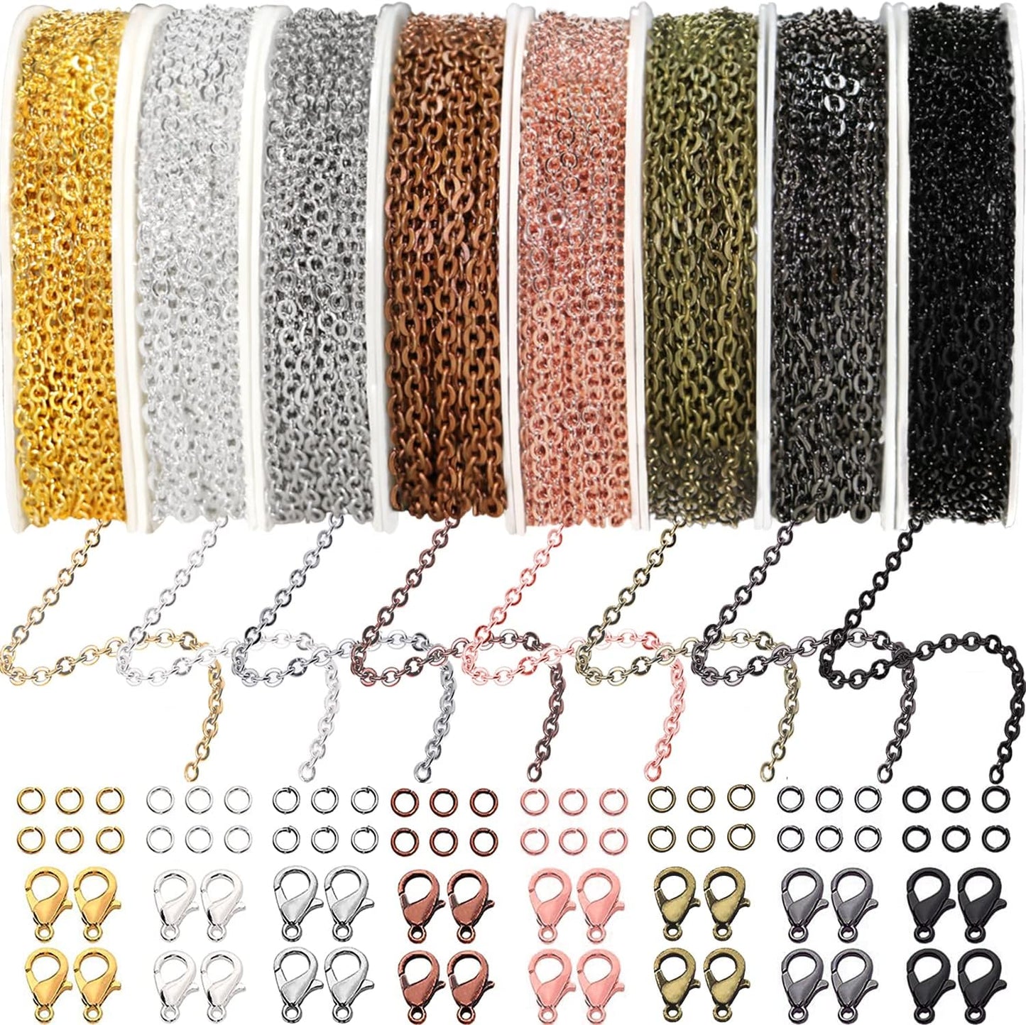 Jishi 80ft Necklace Chains Jewelry Making Chain Link Rolls Bulk 2mm - Bracelet Earring Necklace Craft Supplies DIY Jewelry Making Findings, 8-Colors Gold Silver Copper Plated Metal Rolo Cable Chains