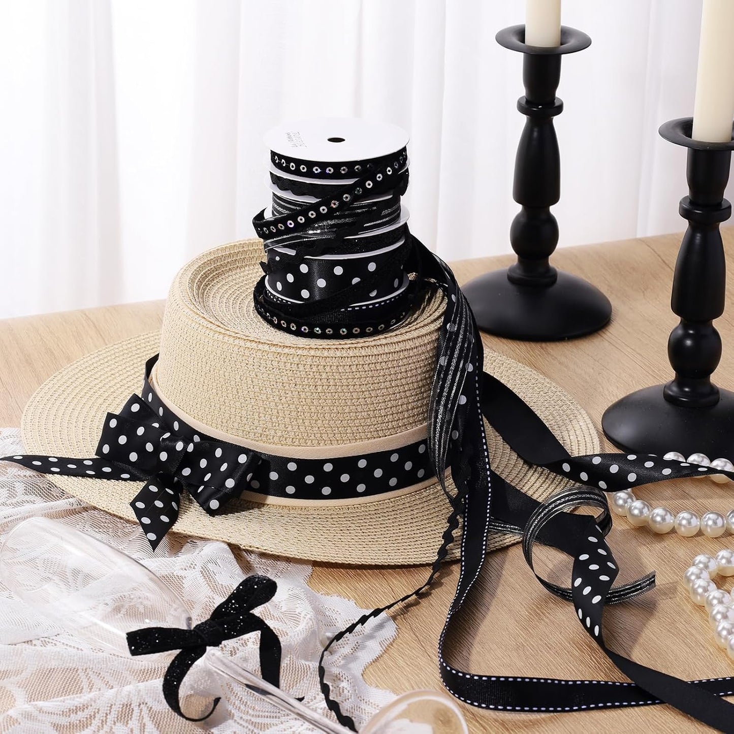 LaRibbons Black Ribbons for Crafts 6 Rolls Assorted Black Ribbons with Polka Dots, Glitter and Sequins for Gift Wrapping, DIY Crafts, Hair Bows, Sewing and Party Decorations, 30 Yards