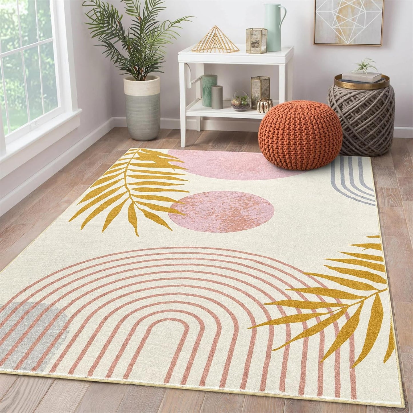 RoomTalks Cute Pink Nuresry Rug Washable, Boho Modern Contemporary Aesthetic 4x6 Area Rugs for Bedroom Dining Living Room Dorm, Abstract Art Tropical Leaves Thin Indoor Entryway Rug Carpet