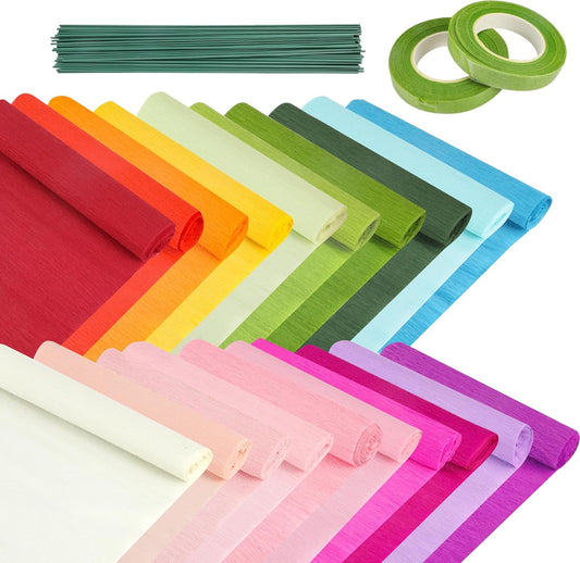 72Pcs Crepe Paper Flower DIY Kits, 20 Colors Crepe Paper Rolls 8.2ft Long 9.84 Inch Wide, 50 Pcs Green Floral Iron Wire and 2 Roll Green Tape for Birthday Parties Weddings Festival Decoration
