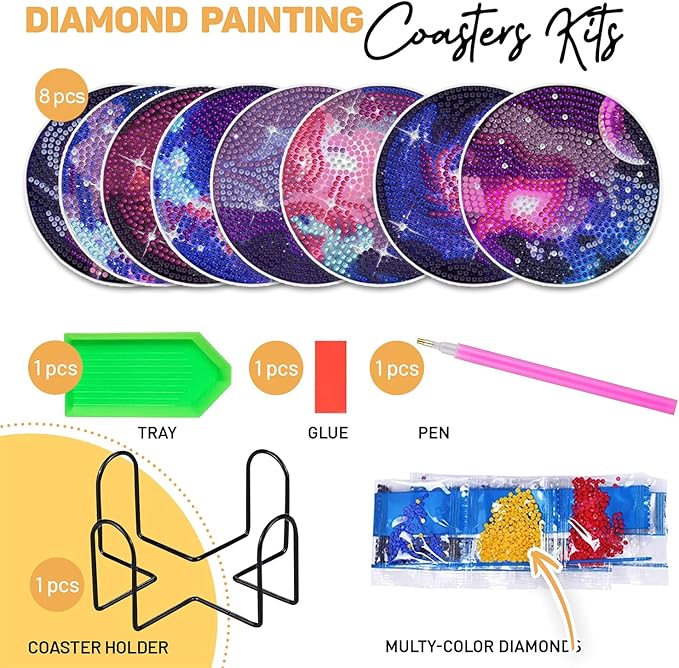 8 pcs Diamond Painting Coasters | Diamond Art Coasters | Galaxy and Nebula Diamond Art Painting | Perfect Art Craft Gift for Galaxy Lover, Dad, Mom, Grandparents, Brother, Sister.