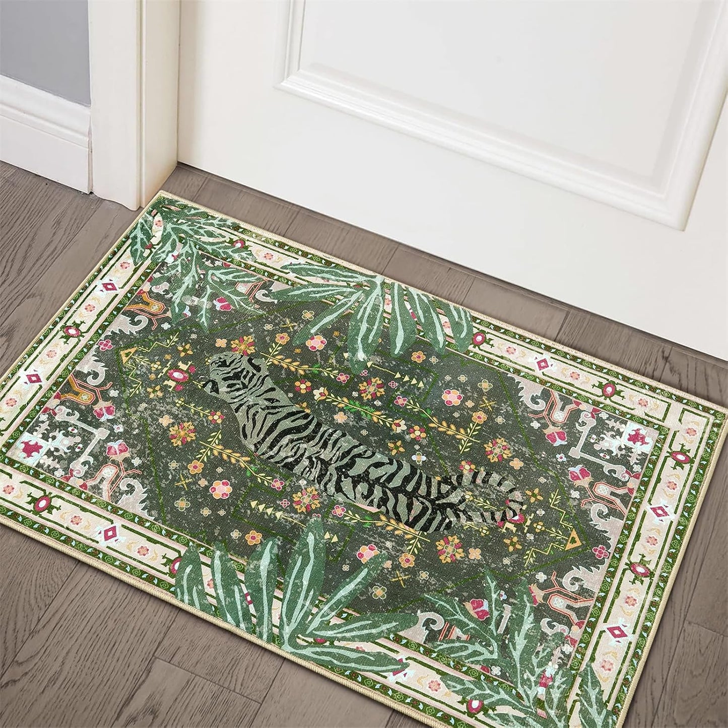 Oriental Tropical Entryway Rugs Washable, Greyish Green Boho Vintage Distressed Hippie 2x3 Throw Rugs for Bathroom Kitchen Entryway Indoor Non-Slip Abstract Botanical Tribal Accent Carpet