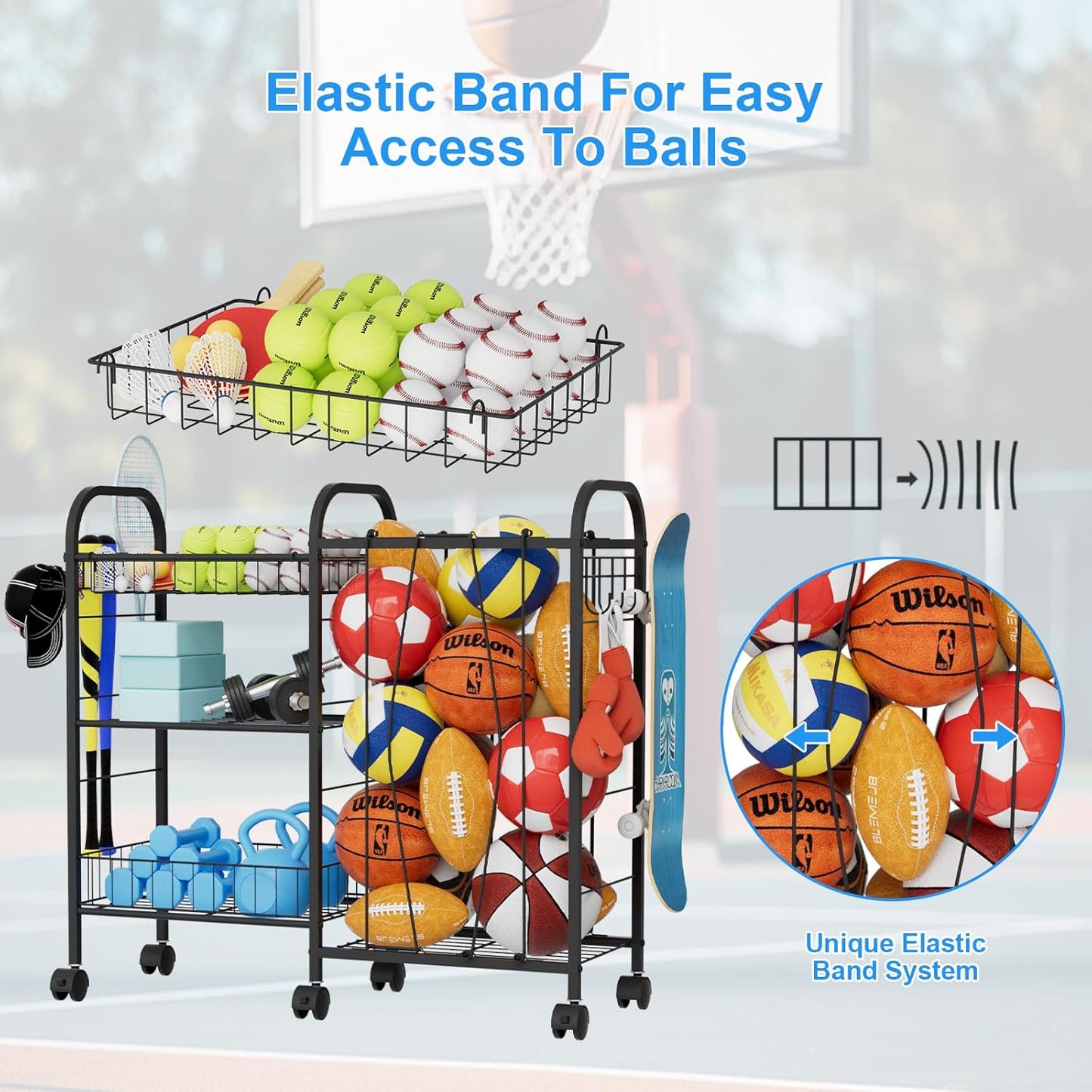 Ball Storage Rack, Sports Ball Storage Cart with 6 Wheels, Elastic Strap, Removable Basket, Hooks, Sports Equipment Organizer For Garage, Children's Room, Court, School, Small Gym, Outdoor