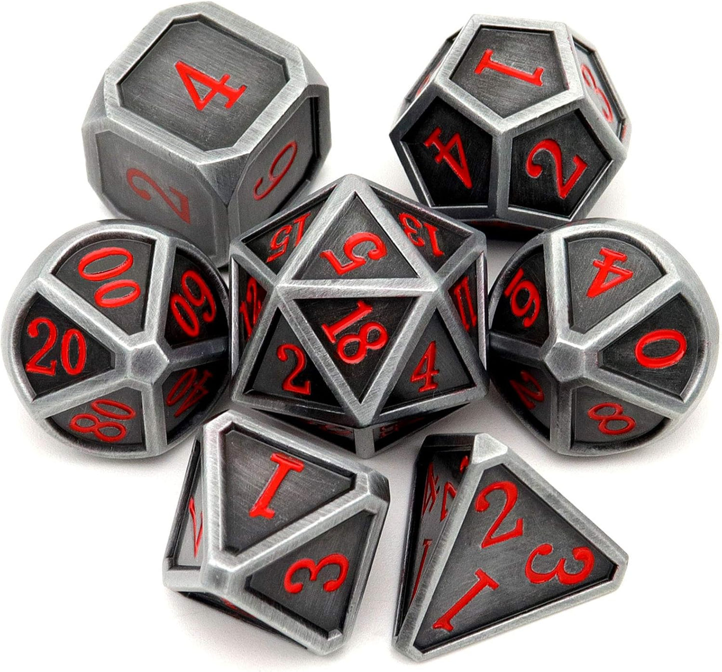 Haxtec Ancient Silver Metal DND Dice Set D&D 7PCS Large Rounded Antiue Iron RPG Dice Red Numbers for Dungeons and Dragons TTRPG Game Gifts',Standard size
