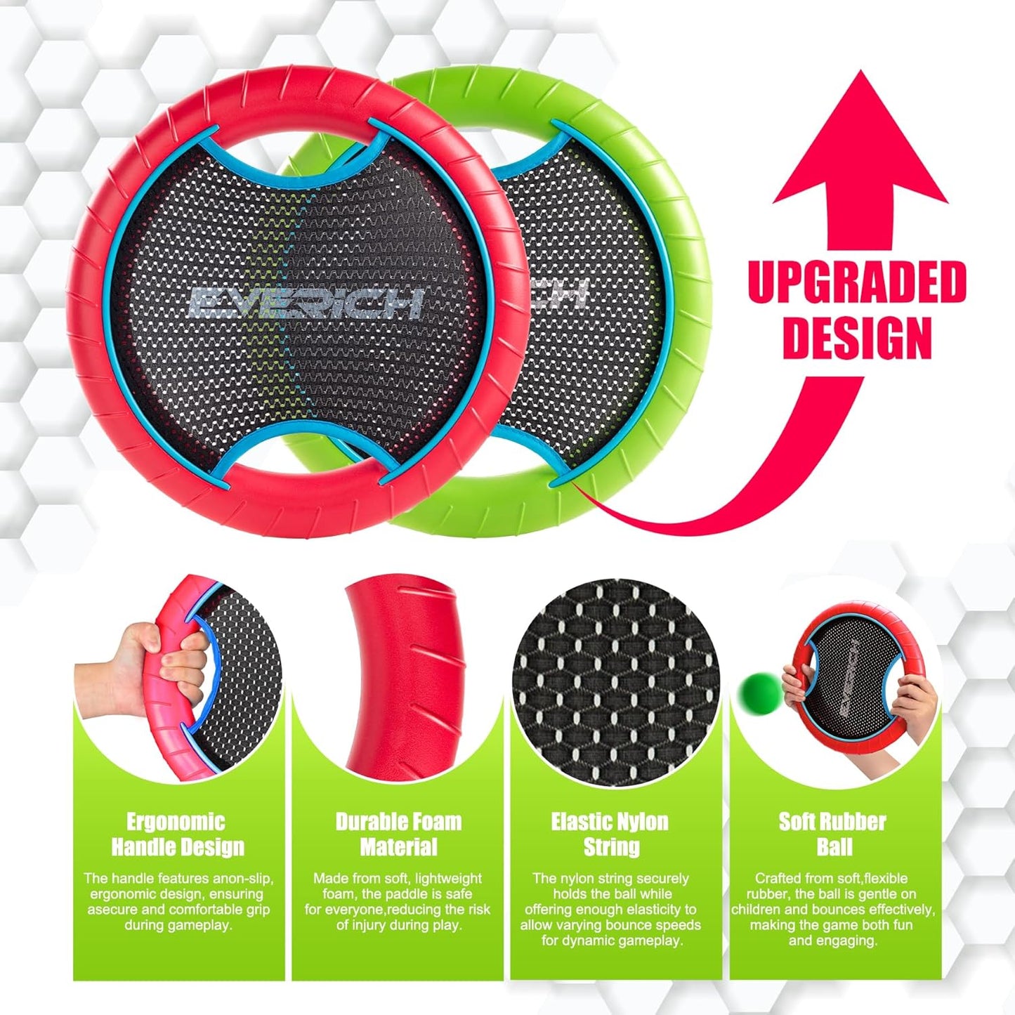 EVERICH TOY Trampoline Paddle Ball Set with 2 Bouncy Paddles & 4 Balls - Soft Foam Design for Kids Play Indoor Outdoor Beach Backyard Lawn - Great Gift Idea for Boys & Girls (Green & Red)