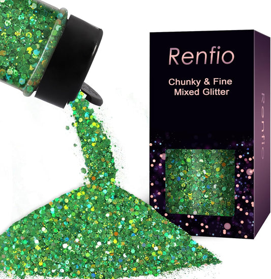 Renfio Holographic Glitter, 2.11oz/60g Medium Size Chunky Mix Ultra Fine for Crafts, St Patrick's Day, Resin, PET Flakes for Nail Art, Tumblers, Slime - Laser Green
