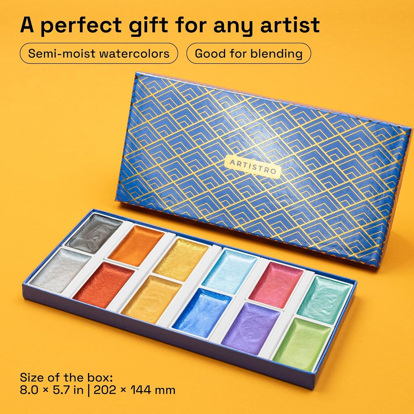 ARTISTRO Professional Metallic Watercolor Paint Set for Adults - 12 Pigment-Rich Metallic Colors, XL Pans, ASTM-I Lightfastness, High Tinting Strength Watercolor Set for Professionals made by professionals