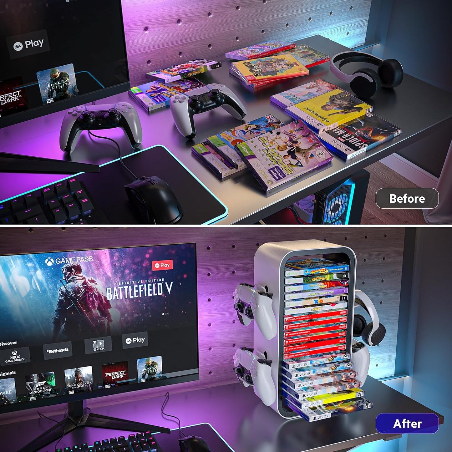 Allnice Universal Game Rack - Stores 19 Games, 4 Controller Holders, Organizes PS5/PS4/Xbox One/360/Series X/S/Switch & More