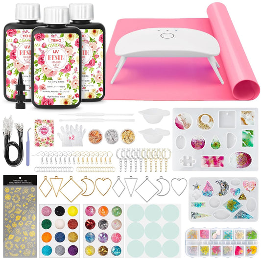 YIEHO 300g UV Resin Kit with Light and Molds, Upgraded Crystal Clear Hard UV Curing Premixed Resin Starter Jewelry Making Kit for DIY Keychain, Earring and Necklace