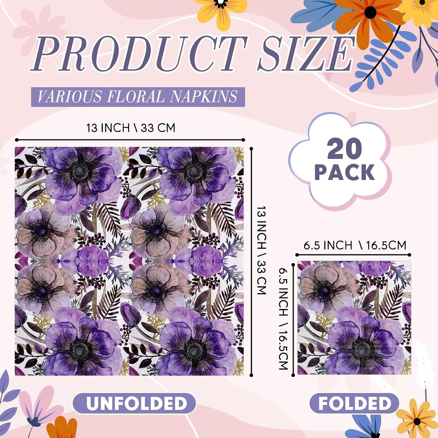 Crtiin 20 Pack Assorted Floral Napkins for Decoupage Toilet Napkins Flower Cocktail Decorative Paper for Birthday Party Beautiful Gorgeous, 20 Styles Each 6.5 inches(Style 5)