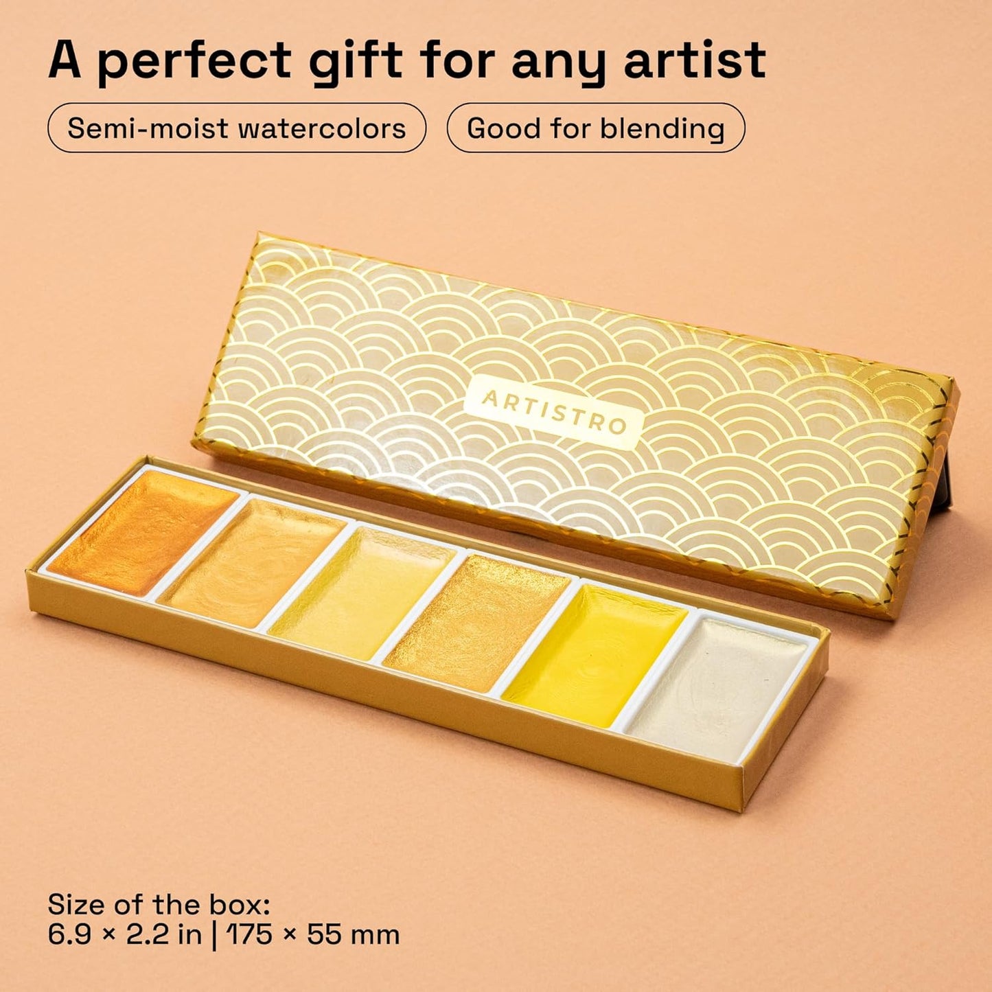 ARTISTRO Professional Metallic Watercolor Paint Set for Adults - 6 Pigment-Rich Gold Colors, XL Pans, ASTM-I Lightfastness, High Tinting Strength Watercolor Set for Professionals made by professionals