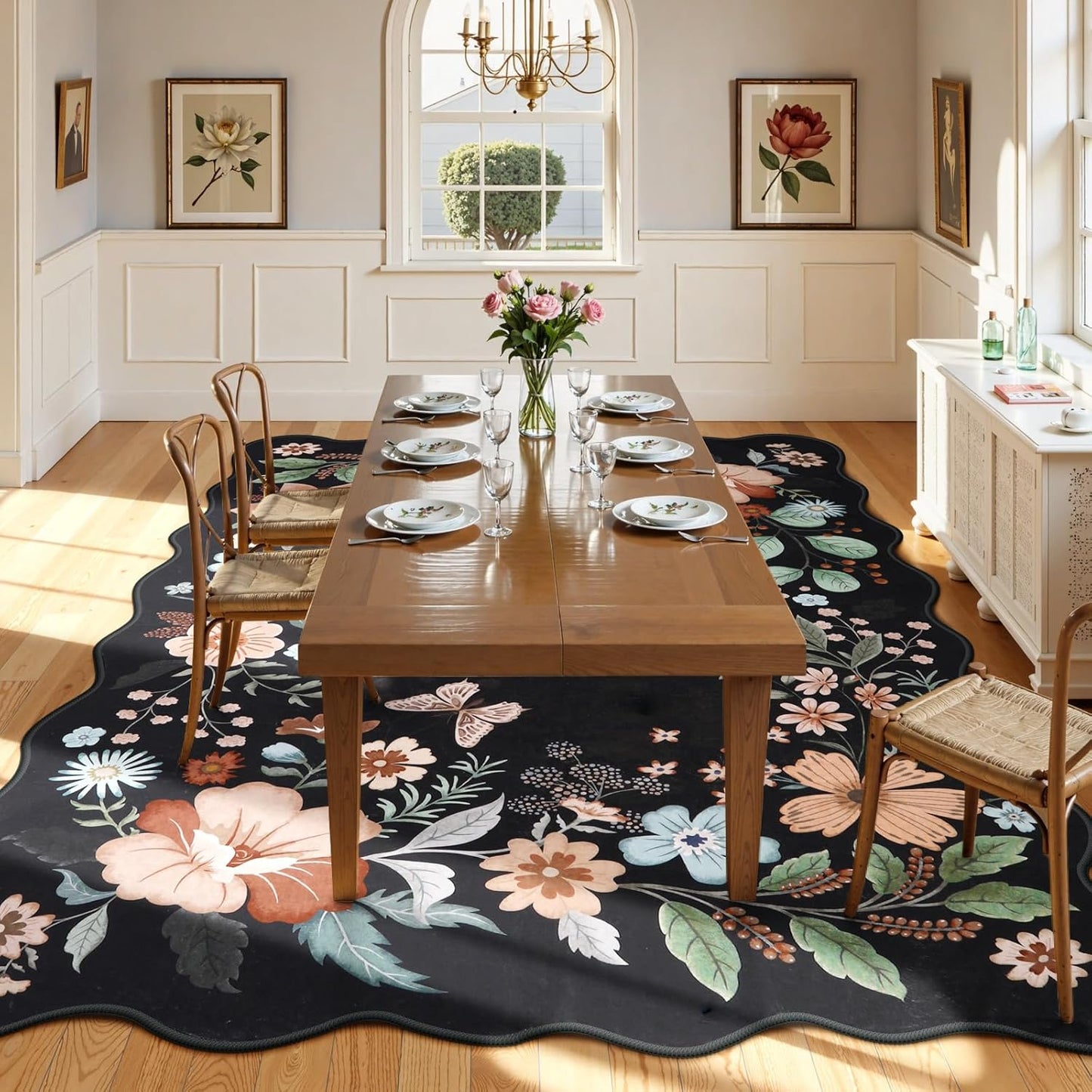 Beeiva Washable Rugs 8x10 for Living Room - Scalloped Floral Printed Soft Non Slip 8 x 10 Area Rug for Dining Room Boho Flower Ultra-Thin Aesthetic Carpet for Kids Room Dorm Office(Black,8x10ft)
