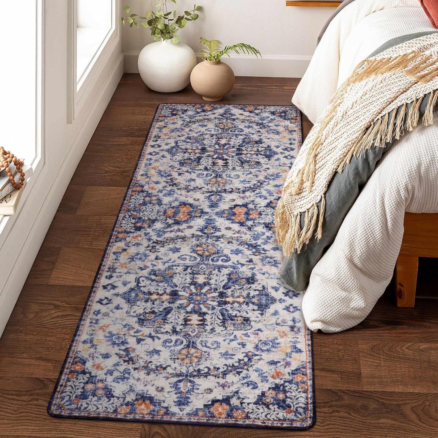 Lahome 2x6 Blue Washable Hallway Runner Rug, Bohemian Floral Medallion Kitchen Carpet Runner, Soft Non Skid Floor Runners for Bathroom Bedroom Vanity Office Sunroom
