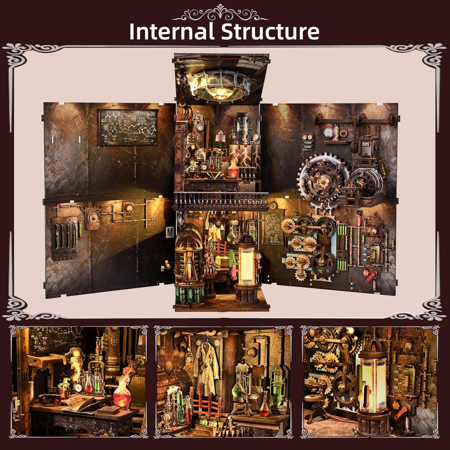 Book Nook Kit, Steampunk DIY Booknook Kits for Adults and Teens, 3D Wooden Puzzle Bookend Miniature Dollhouse Kit Creative Bookshelf Insert Decor with LED Light (Mad Scientist's Lab)