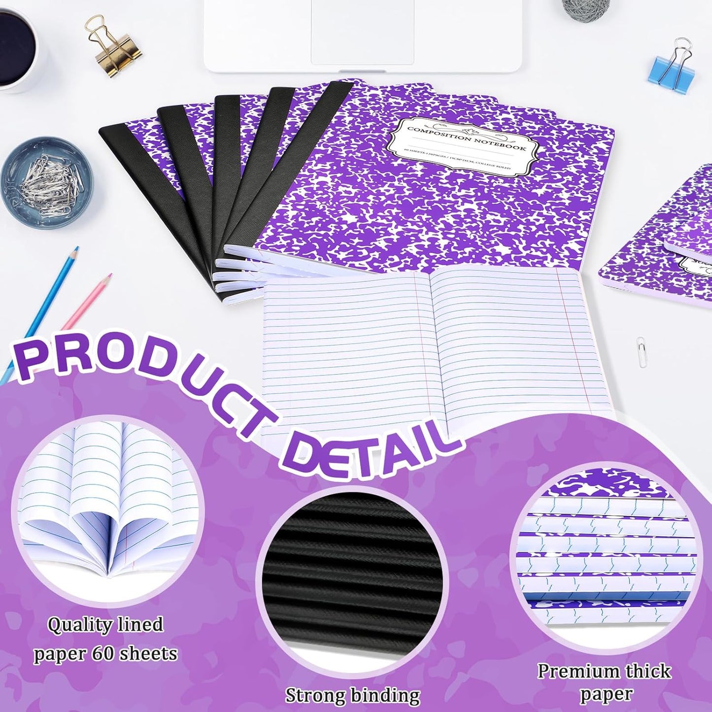 Seajan 20 Pack Composition Notebooks, Wide Ruled Paper, 7-1/2" x 9-3/4" Marble Hard Covers, 60 Sheets, Composition Notebooks Bulk for Students Back to School Adults Office Supplies(Purple)