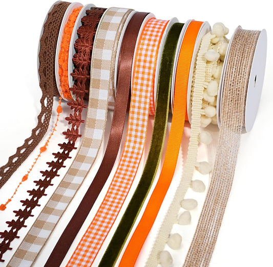 LaRibbons Fall Ribbons for Crafts 10 Rolls Harvest Craft Set for Wreaths, Thanksgiving Decor, Gift Wrapping, 3/8" + 5/8", 47 Yards