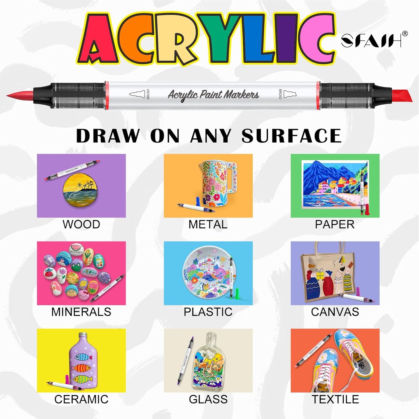 SFAIH Pumpkin Acrylic Markers, 24 Colors Halloween Decor Paint Pens for Pumpkin Decorating, Costume Making, Dual Tips (1-6mm Brush & 0.5-4mm Chisel) for Glass, Ceramic, fabric, Waterproof & Quick-Dry