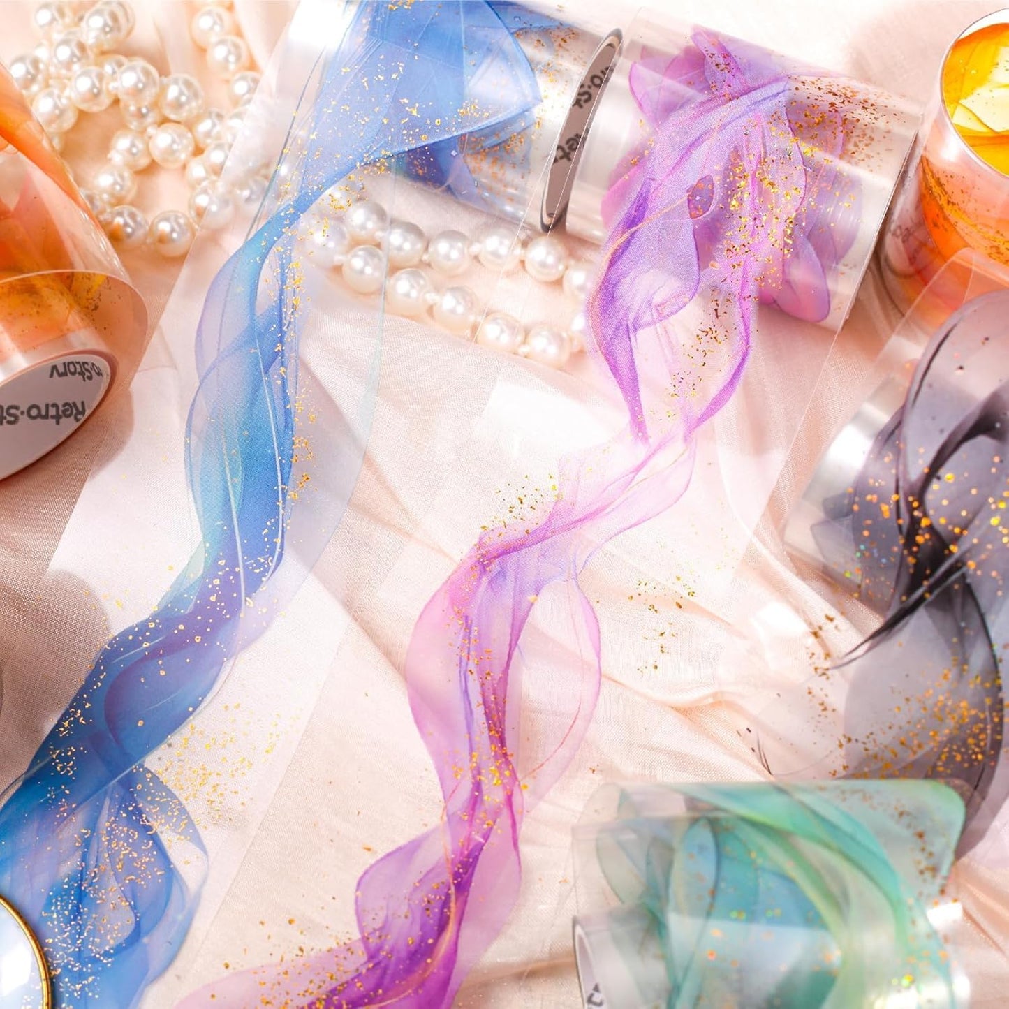 6 Rolls Transparent PET Tape Set,Self-Adhesive Colourful Washi Tape for Scrapbook Supplies Notebook Photo Album Junk Journal Diary Journaling(Flowing Gold)