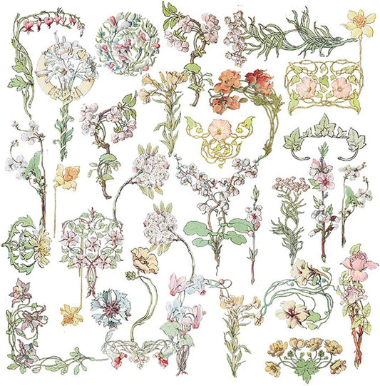 Vintage Vellum Stickers Floral Plants Elements Scrapbooking Supplies Flowers Botanic Natural Translucent Paper Self-Adhesive Junk-Journal Items (Retro Flowers)