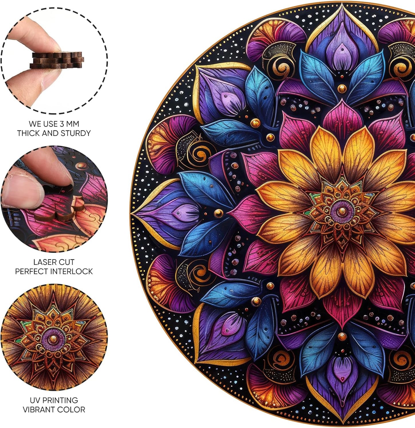 Mandela Wooden Jigsaw Puzzles - Flower Puzzles for Adults 500 Pcs, 16.7'' x 16.7''Unique Shaped Wood Puzzle, Beautiful Package for Halloween, Best Gift for Adults and Kids, Family Game