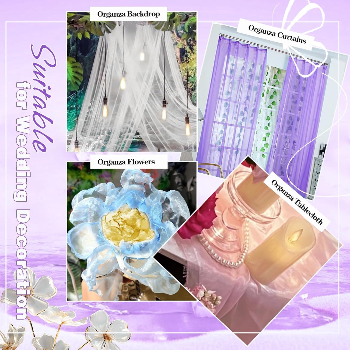 VACVELT Sheer Organza Fabric by The Yard, 60 Inch Wide Light Purple Organza Fabric Bolt Bridal Sheer Tulle Fabric, Silk Organza Fabric Roll for Wedding Party Decorations Backdrop Curtain (10 Yards)