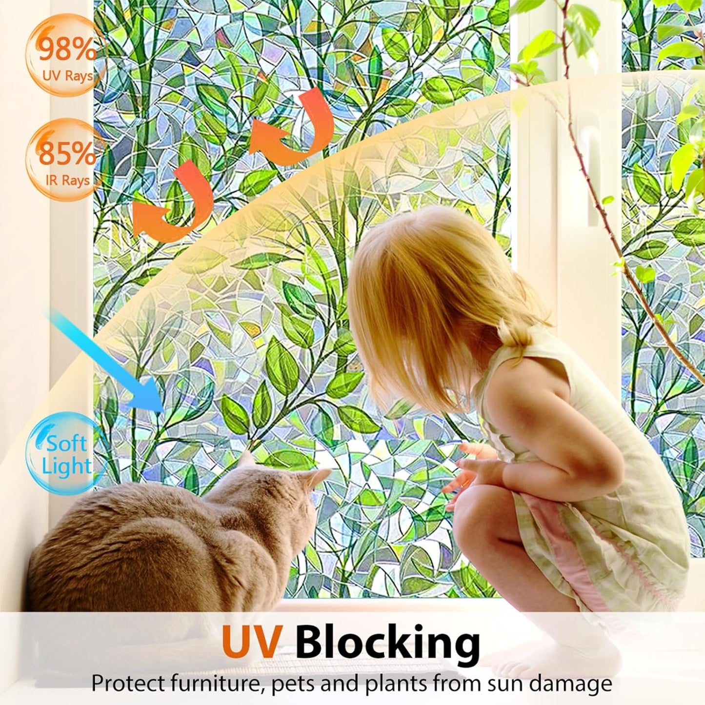 Niviy Window Privacy Film Stained Glass Window Film with Installation Tools, Rainbow Windows Decorative Decals Non-Adhesive Reusable for Home, Bathroom, Glass Door (Leaf Rainbow, 23.6 x 118 in)