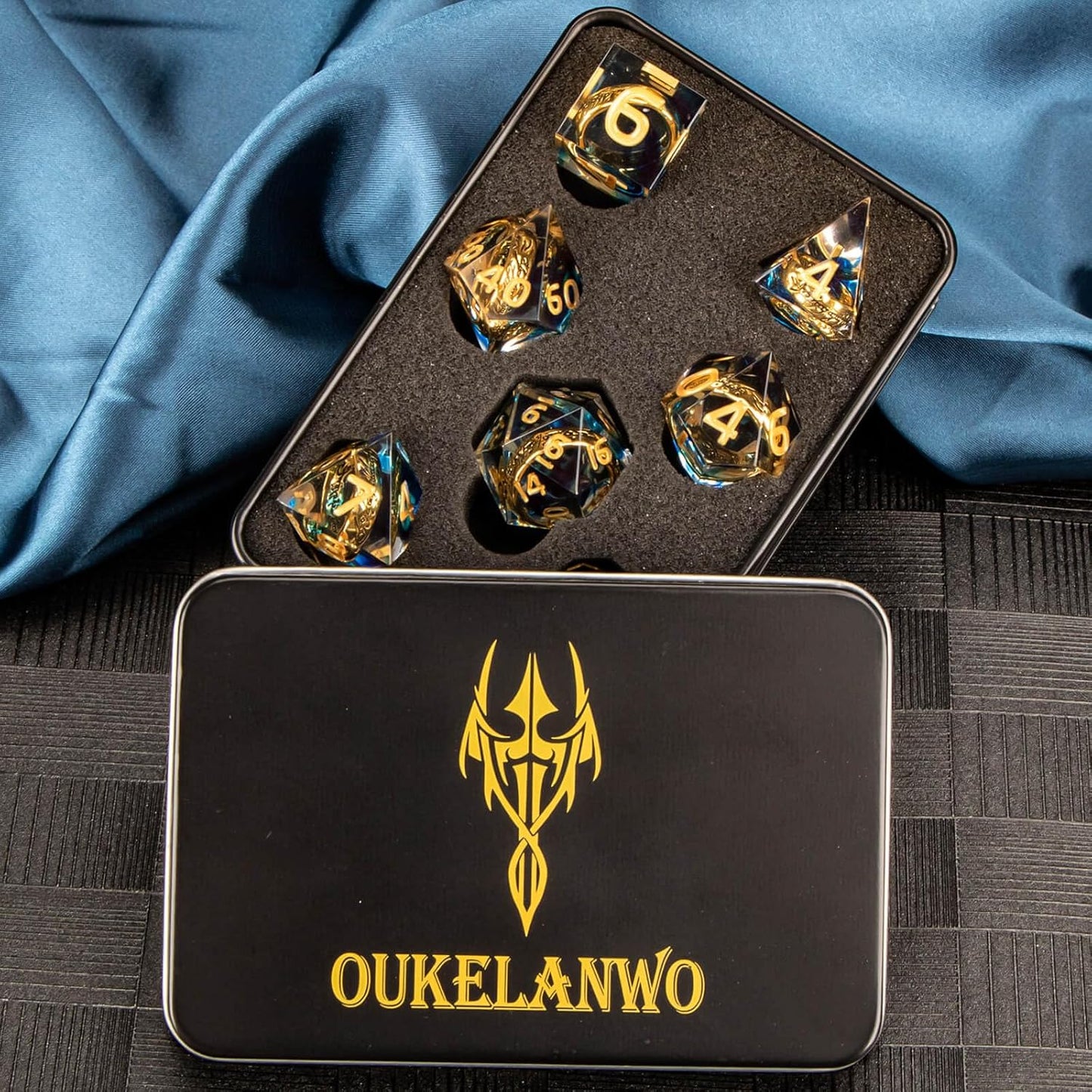 OUKELANWO Magic Lord Rings DND Dice Set with Box, 7Pcs Resin LOTR D&D Dice Set for Role Playing Game, Blue Gold Dungeons Dragons D and D Sharp Edge Dice D20 D12 D10 D8 D6 D4