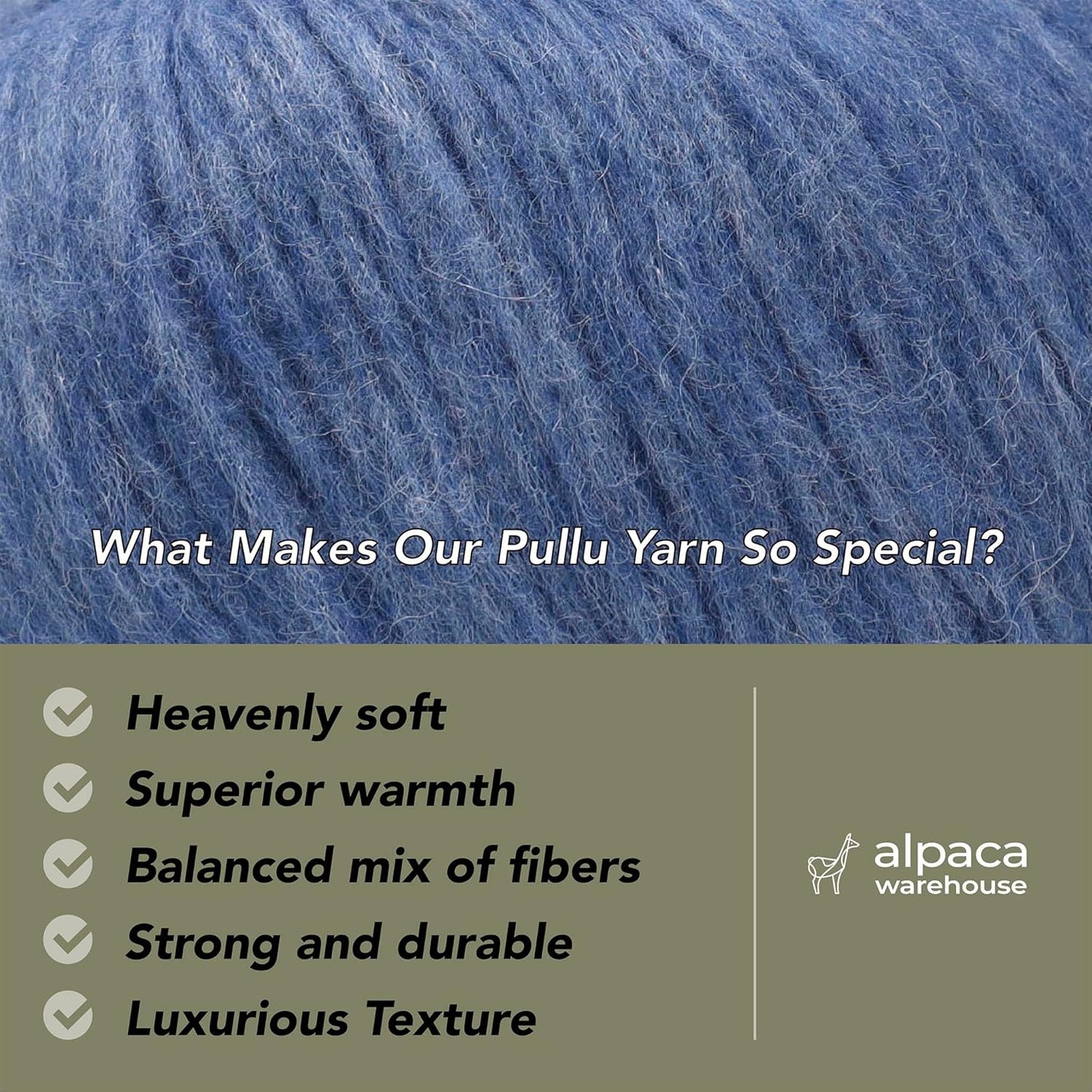 Pullu - Baby Alpaca Merino Wool Yarn Set of 3 Skeins (150 Grams) Worsted Weight - Sourced Directly from Peru - Heavenly Soft and Perfect for Knitting and Crocheting (Denim Blue)