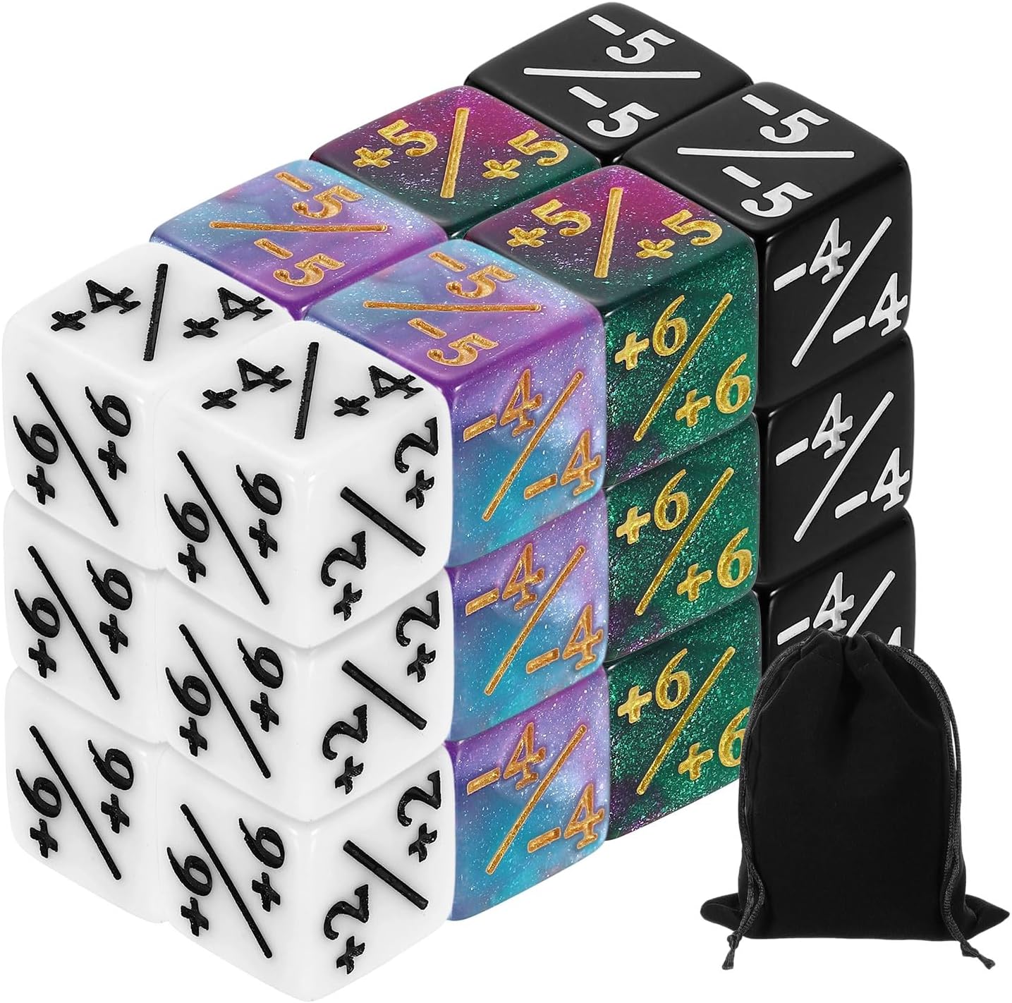 uxcell 24Pcs Magic Dice Counters, Acrylic D6 Life Token Dice Set with Pouch for Standard Cards Gaming Accessories, White, Black, Green & Purple, Blue & Purple