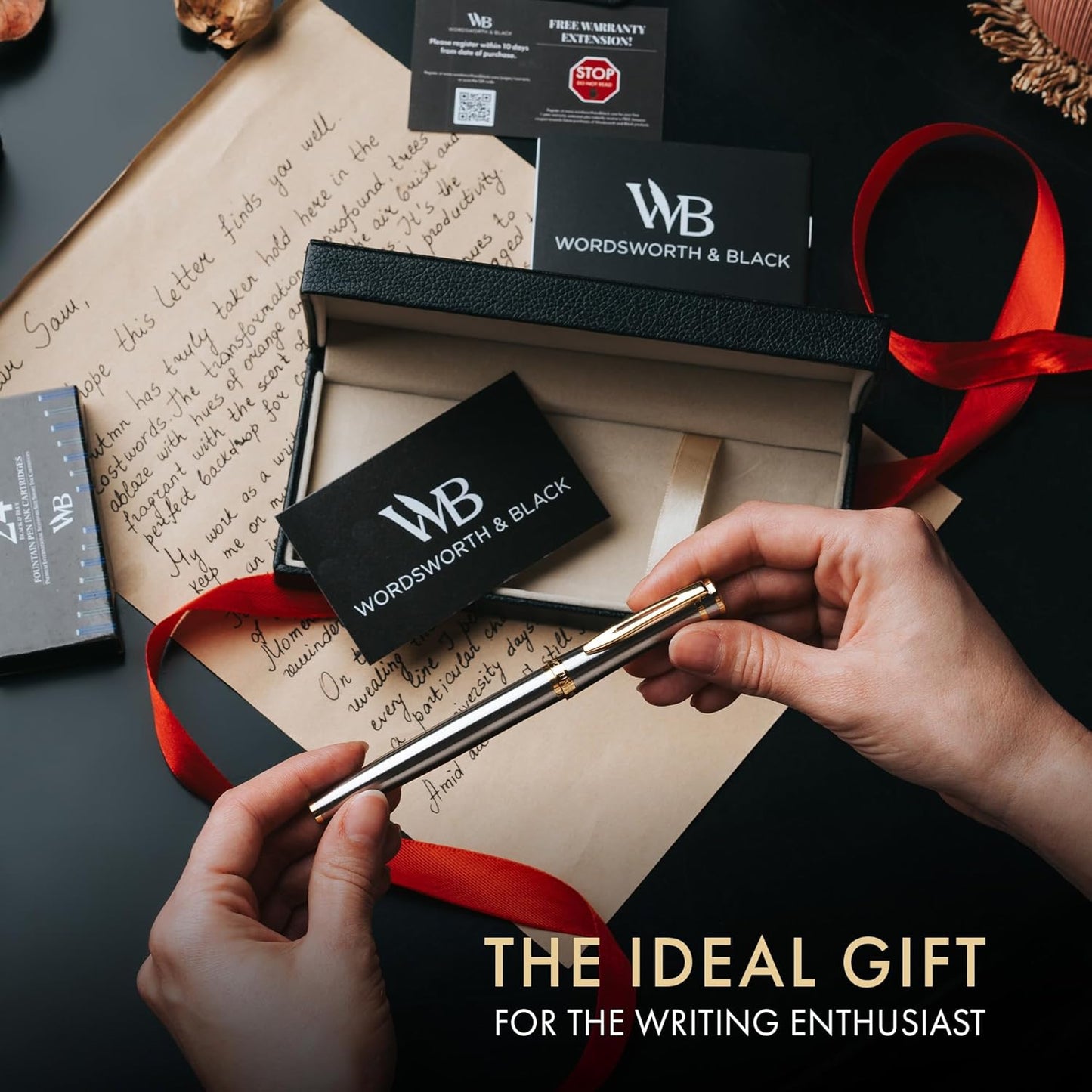 Wordsworth & Black Fountain Pen Set, 18K Gilded Bent Nib, Includes 24 Pack Ink Cartridges, Ink Refill Converter & Gift Box, Gold Finish, Calligraphy, [Silver Gold], Perfect for Men & Women