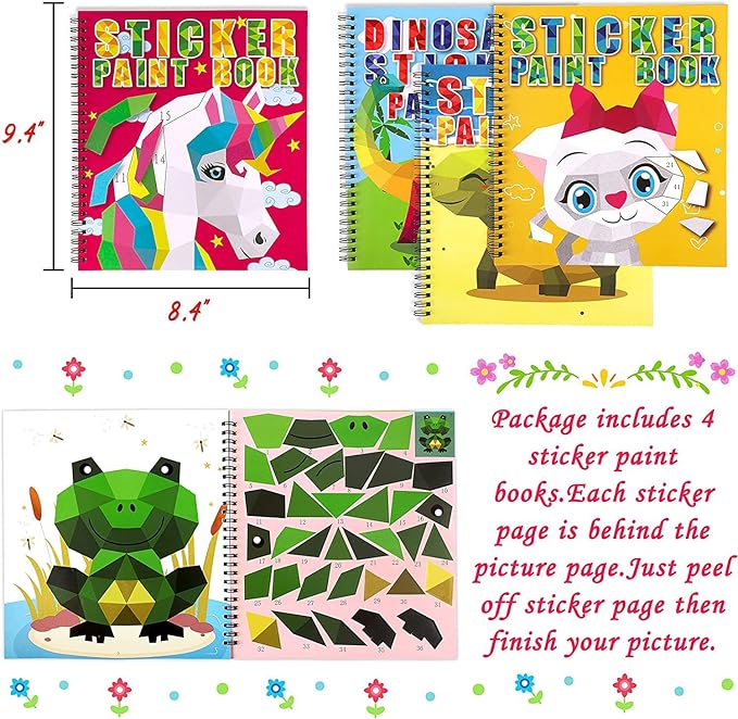 90shine 4PCS Crafts for Kids Ages 4-8 Sticker Books - Includes Dinosaur Llama Turtle and More Animal Designs Gift Party Create 40 Pictures
