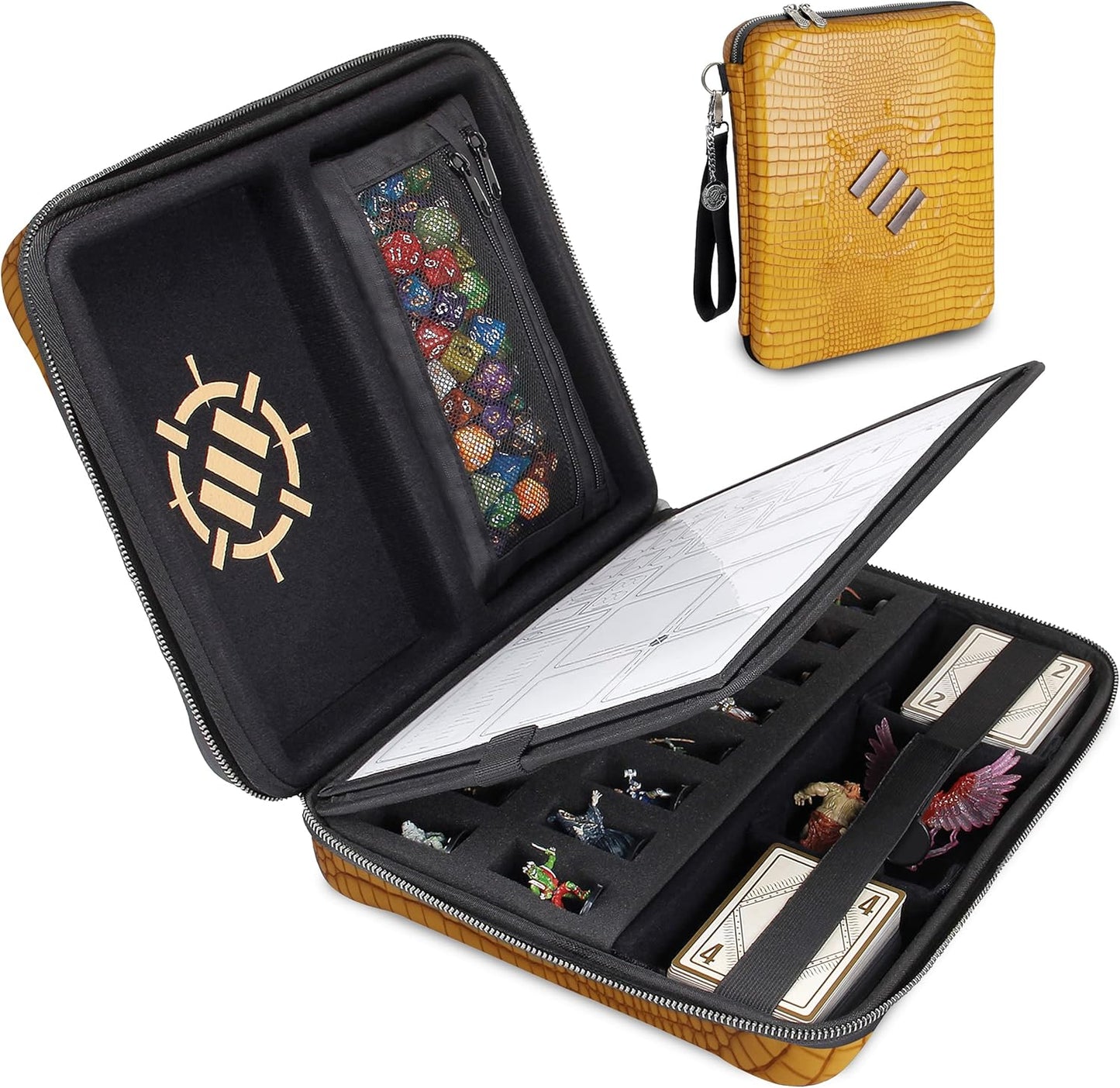 ENHANCE RPG Organizer Case - DnD Binder with Built-in Character Sheet Holder and Erasable Scribe Panel, Dice Rolling Area, Removable Pen Pouch, Miniature Foam Tray, Wrist Strap