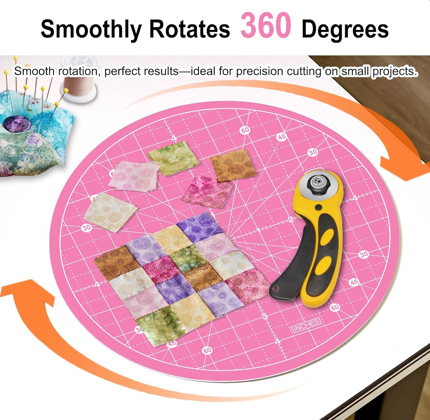 Headley Tools 10"x10" Round Rotating Cutting Mat, Self Healing Mat with 360-Degree Rotation & Anti-Slip Base, Sewing Board Cutting Mat Perfect for Fabric Quilting Leather Hobby Project, Pink