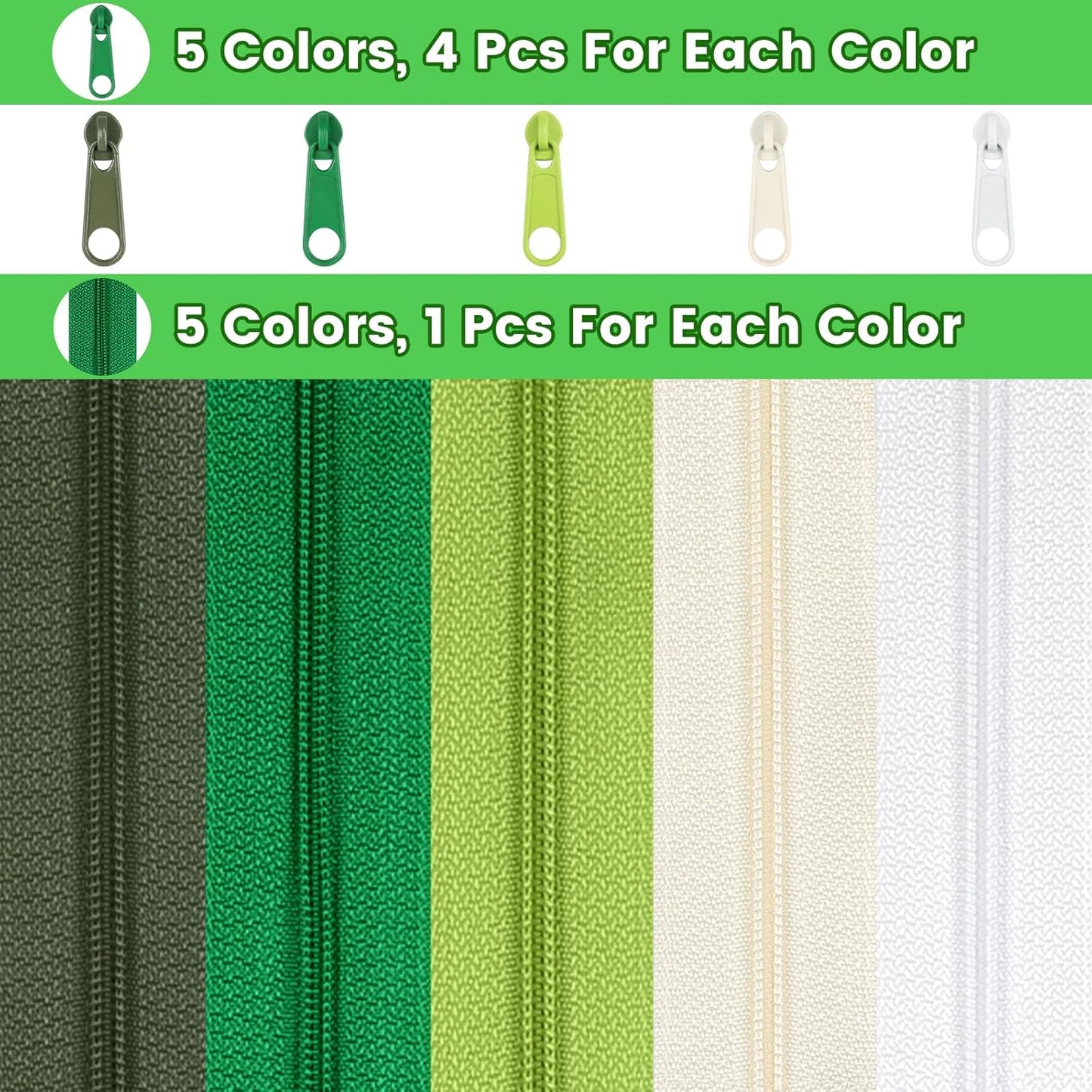 DOITEM 15.3 Yards/ 14 m 5 Pieces Assorted Colors #3 Nylon Coil Zippers, Sewing Zippers Endless Zips with 20 Pieces Zipper Sliders Zip Heads for DIY Sewing Tailor Craft Supplies (Green White)