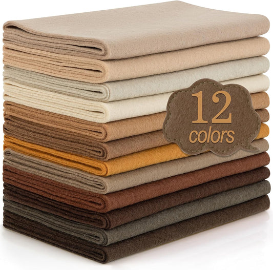 12 Rolls 8"x35"(20.5x90cm) 1.4mm Thick Soft Felt Fabric Sheet 12 Assorted Brown Tone Series Colors Felt Pack for DIY Craft Sewing Squares Nonwoven Patchwork