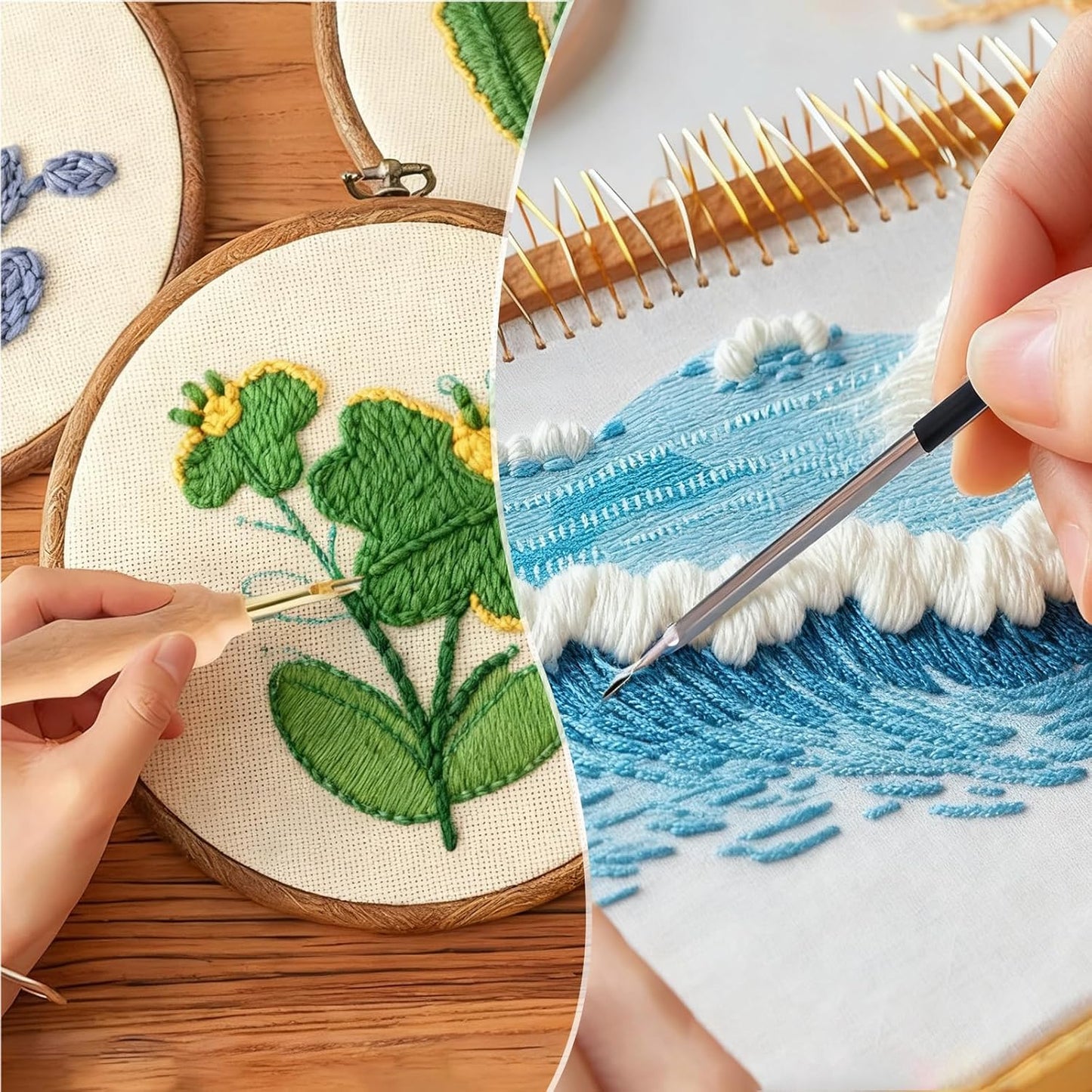 Punch Needle Kit, Adjustable Punch Needle Embroidery Kit Include Wooden Handle Embroidery Pen Set, Large Eye Needles, Punch Needle Cloth - Punch Needle Tool for Adult Beginners DIY Craft