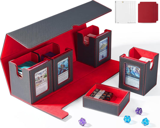 Card Deck Box for MTG with Commander Display, 5 in 1 Card Deck Case Holds 800+ Unsleeved Cards, Strong Magnet Organizer Compatible with Yugioh TCG Sports Cards (Black&Red)