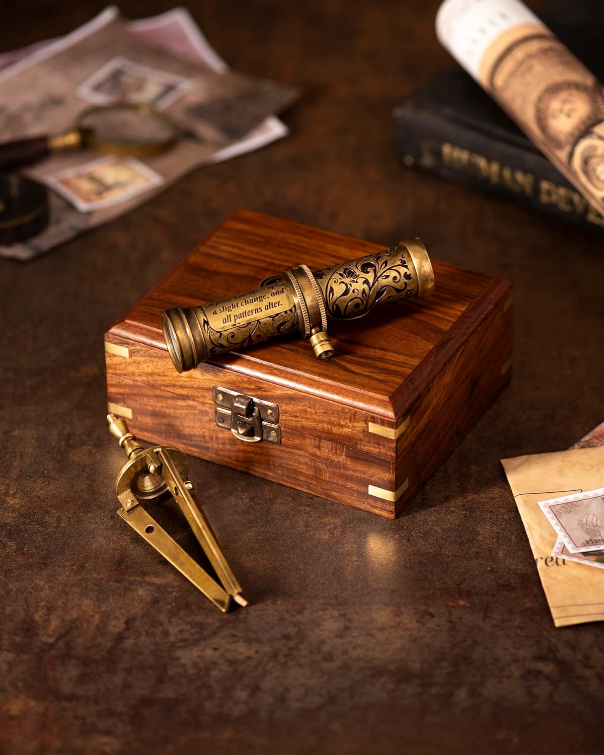 Antique Brass Kaleidoscope Gift for Kids and Adults, Vintage Collection for Birthday, Unique Gift Idea and Decor (with Stand, One)