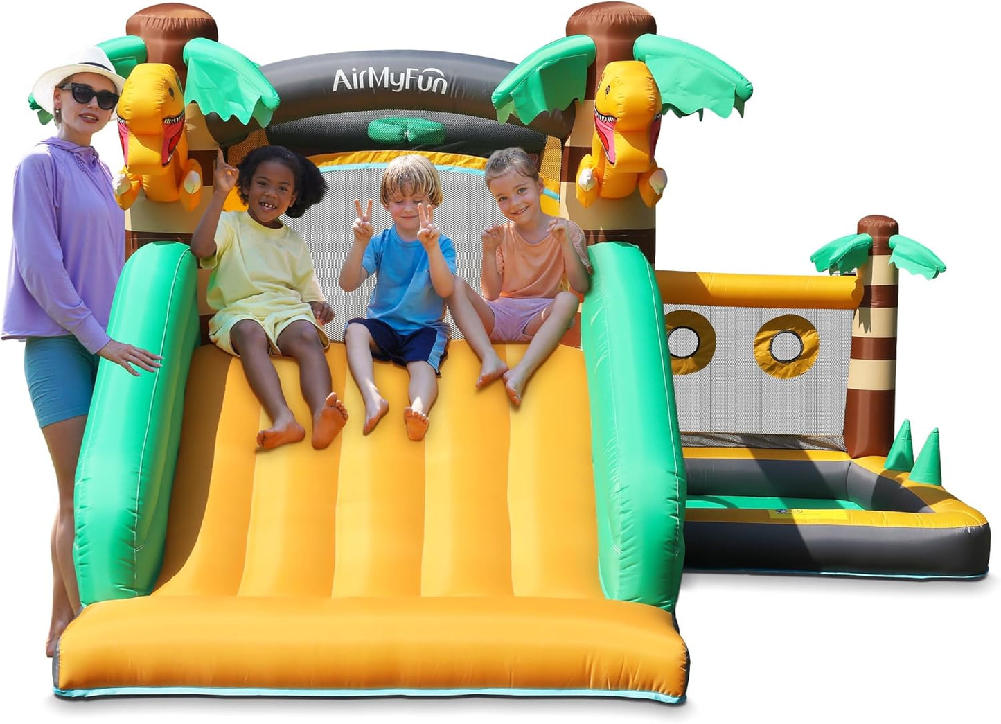 AirMyFun Inflatable Dinosaur Bounce House for Kids 3-8 with Blower – Large Bouncy Castle with Slide, Indoor/Outdoor Toddler Jumping Castle for Backyard & Birthday Fun