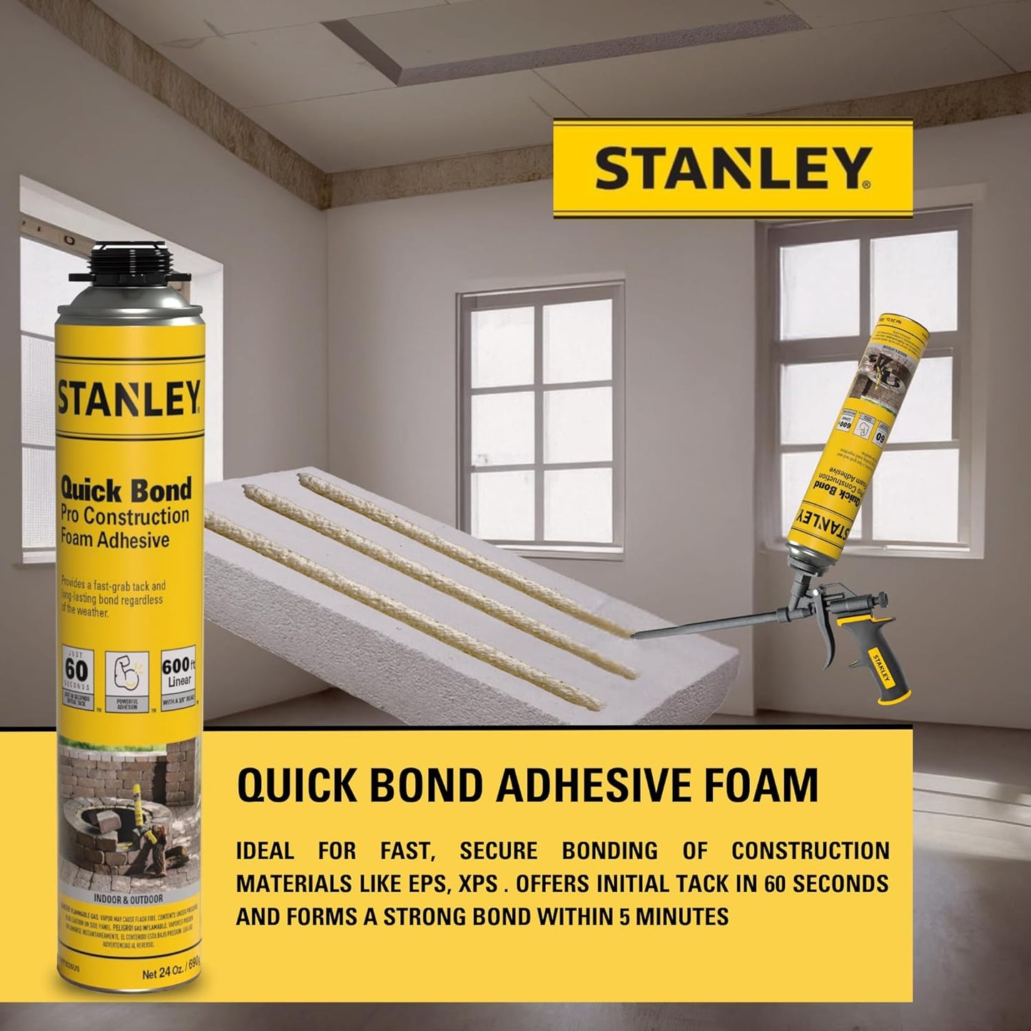 Stanley Quick Bond Adhesive Foam - 2x24oz, Reliable Bond Adhesive for Various Materials, Strong bonding, No Mixing, Gun Use, Including Gun, Cleaner | 2 Pack