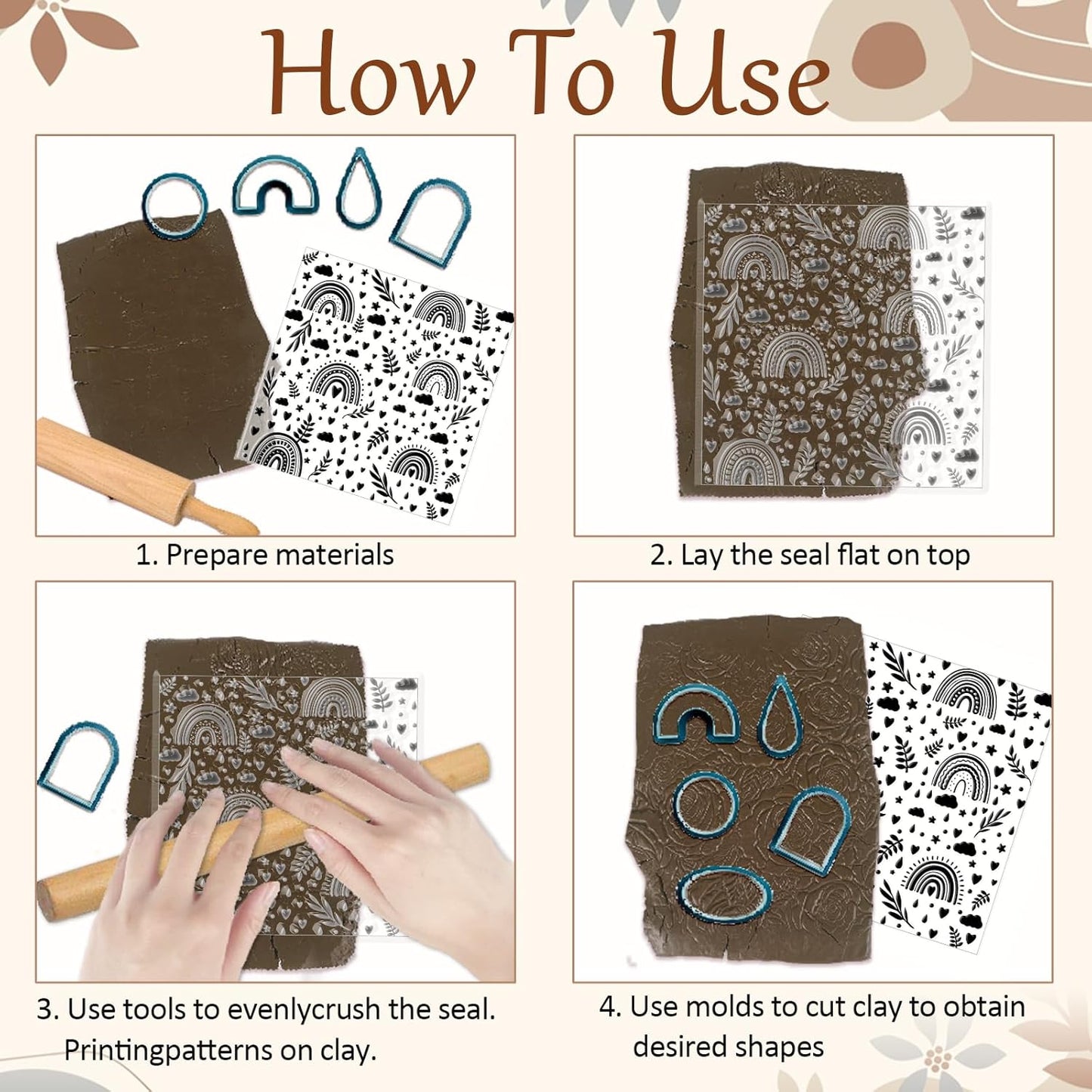 CHGCRAFT Rainbow Polymer Clay Texture Sheets Bohemian Plant Pattern Silicone Texture Stamp Clouds Love Clay Texture Mat Modeling Pattern Pad Sheets for Jewelry and Earrings Tools, 5.5x5.5 inch