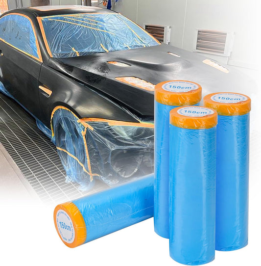 Pre-Taped Automotive Masking Film 4 Pack 59 in x 65 feet Rolls, Tape and Drape, Painters Plastic Drop Cloth for Automotive Painting Covering, House Decoration Furniture Floor Dustproof Cover