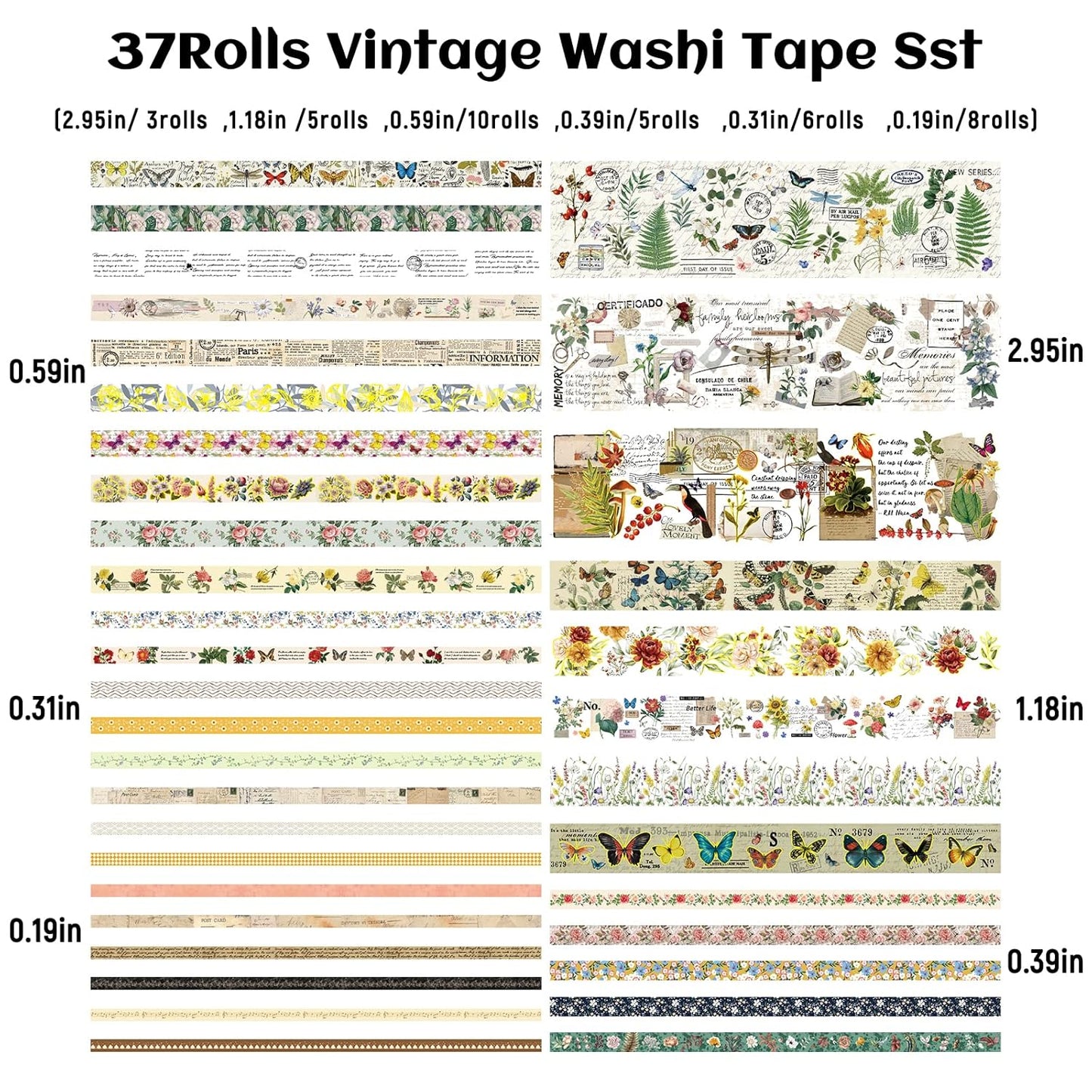 37 Rolls Vintage Washi Tape Set - Decorative Tape Floral Butterfly Mushroom Botanical,Adhesive Tape for Journaling Supplies,Scrapbooking,Junk Journal Supplies5/8/10/15/30/75mm Wide9.84ft Long/Roll