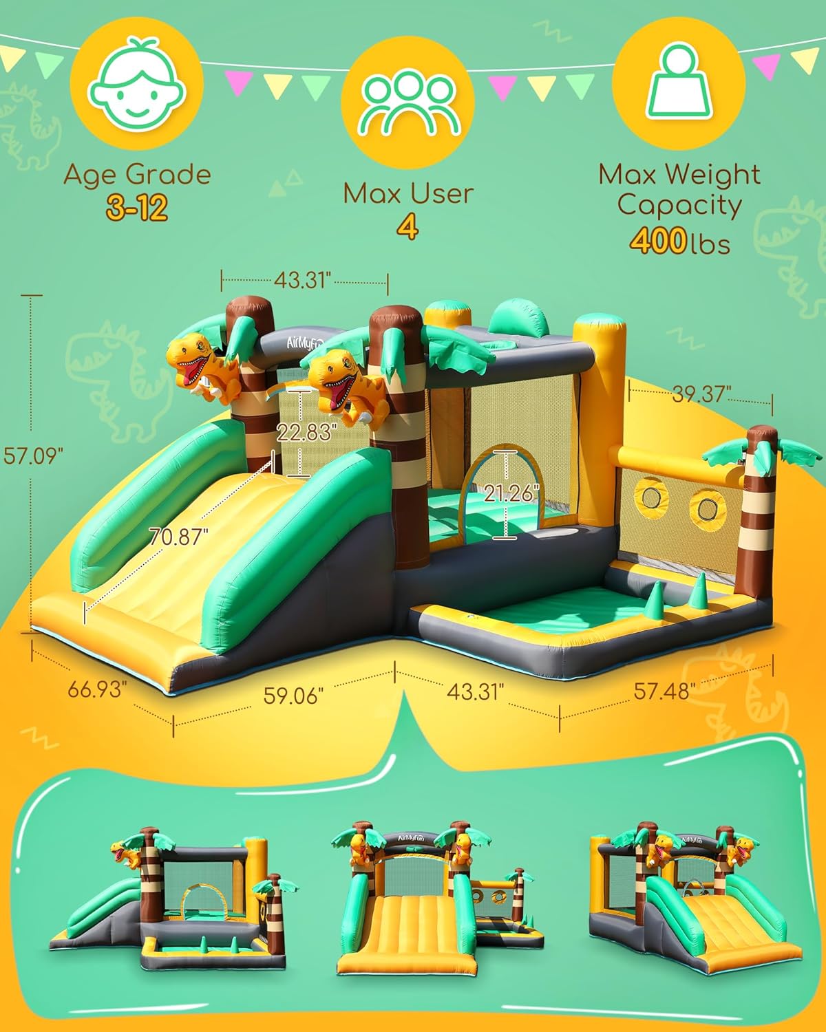 AirMyFun Inflatable Dinosaur Bounce House for Kids 3-8 with Blower – Large Bouncy Castle with Slide, Indoor/Outdoor Toddler Jumping Castle for Backyard & Birthday Fun