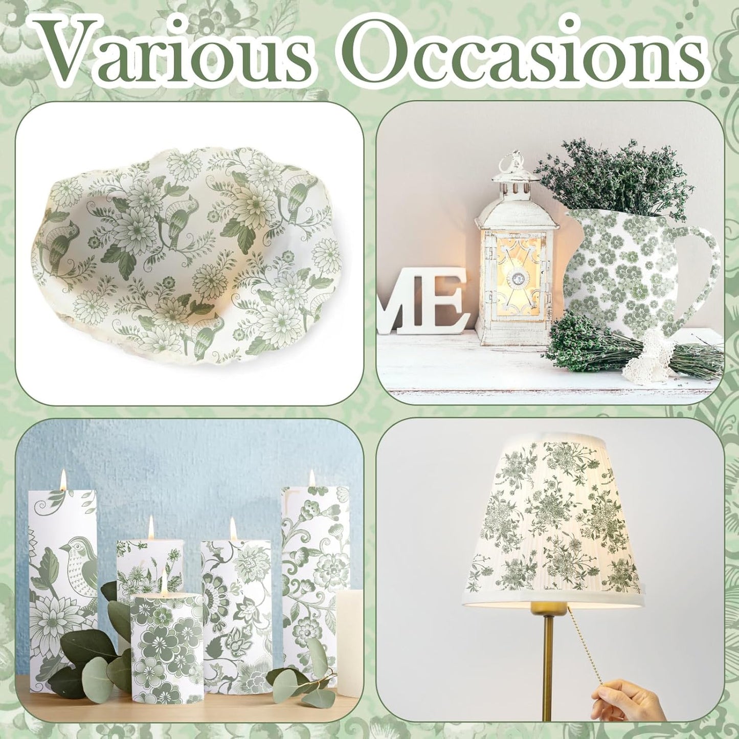 Epakh 36 Pack 6 Style Sage Green Decoupage Paper Napkins Assorted Floral Decorative Decoupage Napkin Chinoiserie Cocktail Paper for DIY Crafting Fall Christmas Wedding Party Decor, Each Unfolded 13''