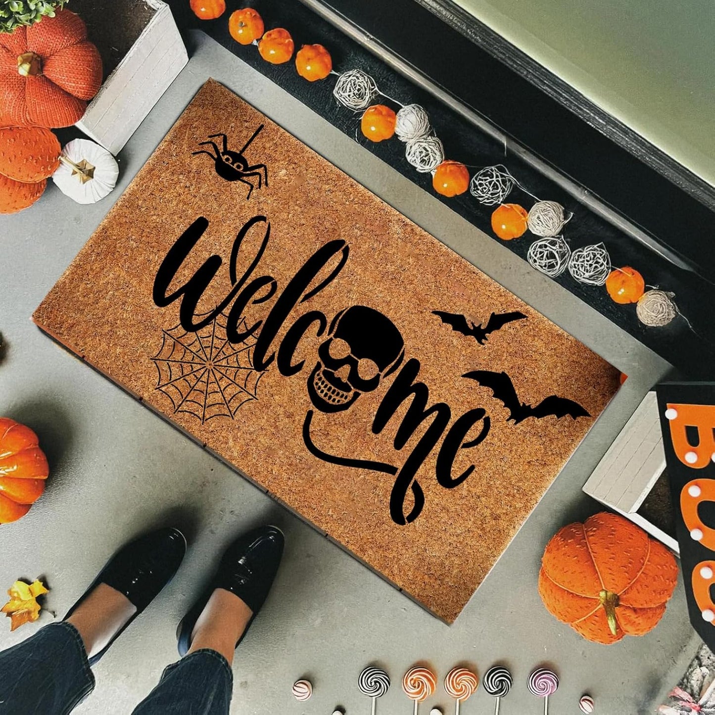 Halloween Stencils for Door Mats Welcome Skeleton Doormat Stencils Boo Spooky Stencil Templates for Painting on Wood Fabrics Crafts Decor