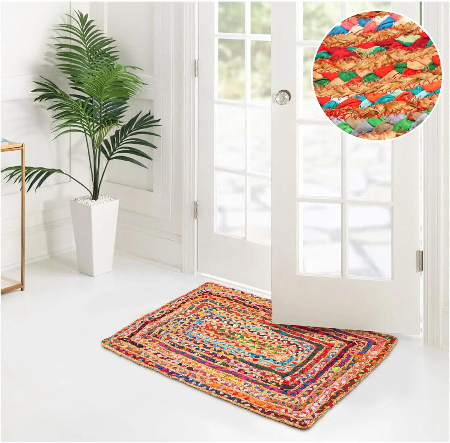 2'x3' Handwoven Jute Chindi Area Rug - Colorful Boho Rugs for Living Room - Hand Braided Multicolor Bohemian Rug for Farmhouse, Bedroom, Dining Room, Classroom, Hallway, Kitchen, Office